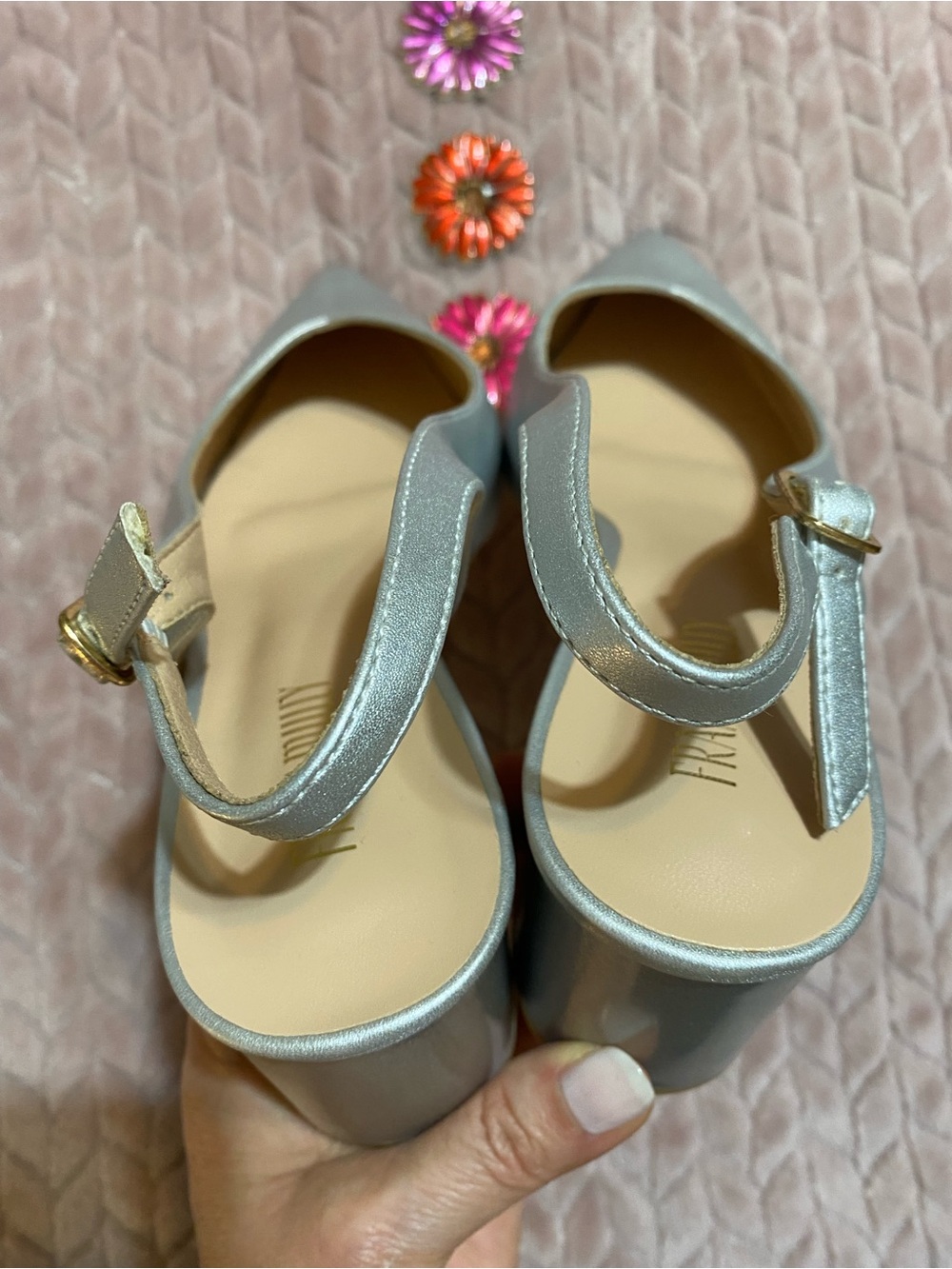 Silver Sling back Pointed-Toe Low Heel Size 9.5 Frank Mully - Picture 5 of 8